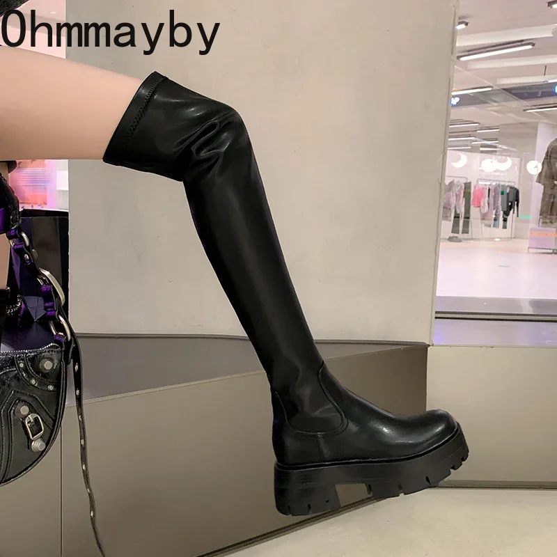 Winter Autumn Stretch Over The Knee Boots Women Fashion Round Toe Square Platform Thick Heels Long Booties d450