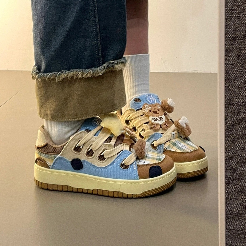 Women's teddy bear color denim patchwork retro casual board shoes