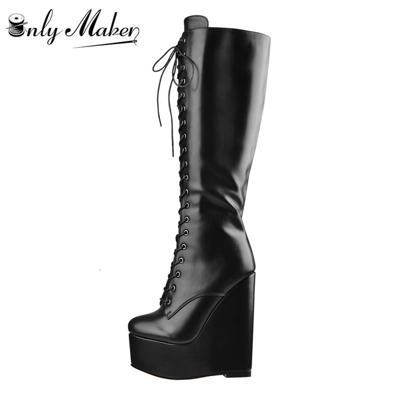 Onlymaker Women Platform Wedge Heels Knee High Lace Up Side Zip Heeled Plus Size Black Handmade Boots