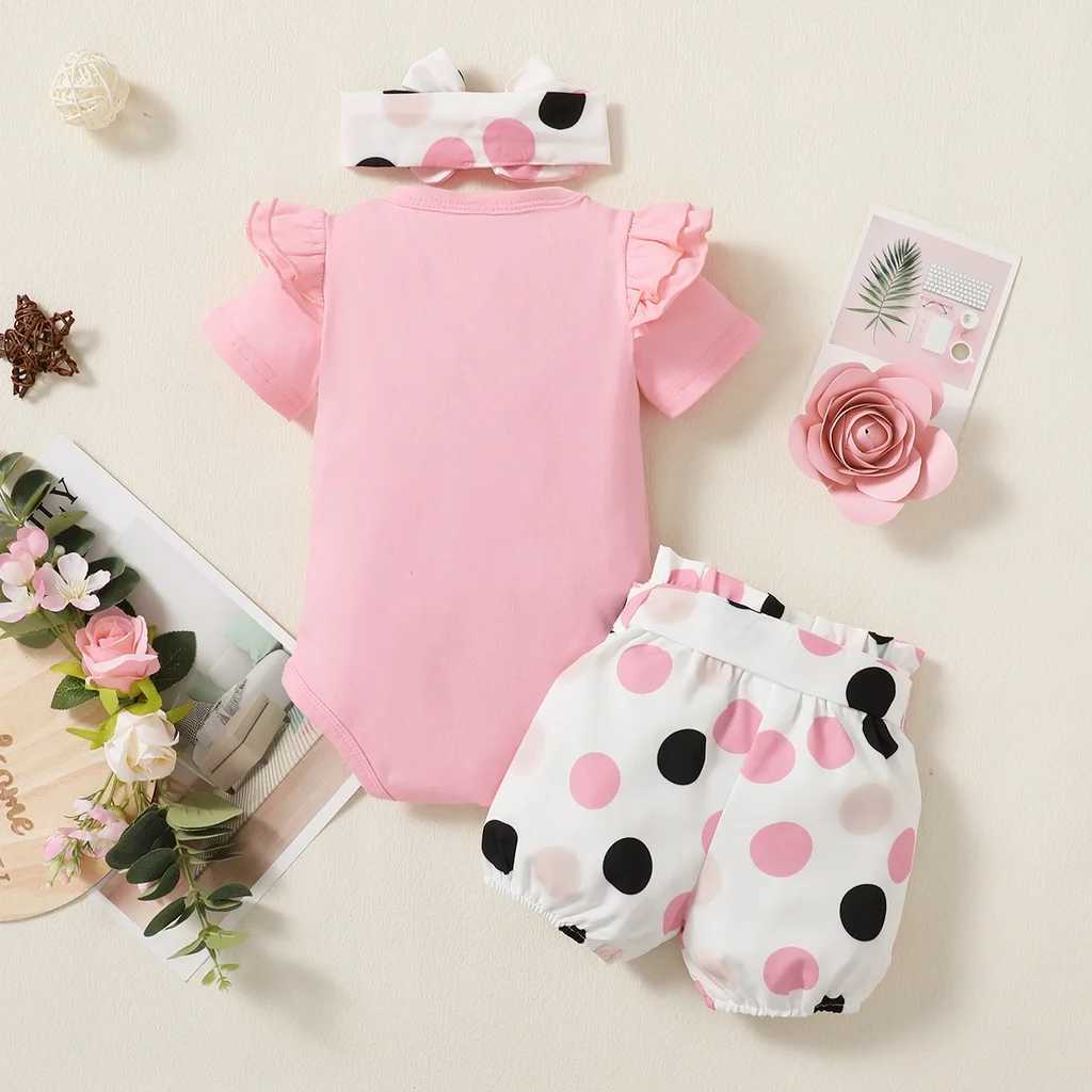 0-18 months newborn baby clothing pleated short sleeved bodysuit+wavy dot short sleeved shirt+headband 3-piece summer clothing set W250218