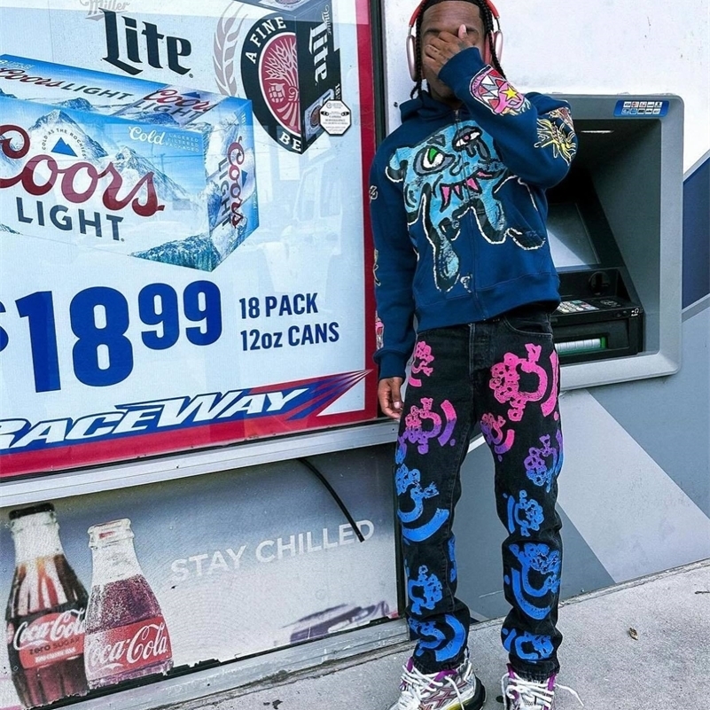 American Retro Street Hip Hop Pattern Print Men Hoodie Y2k Gothic Punk Oversized Women Streetwear Pullover Harajuku Sweatshirt 240830