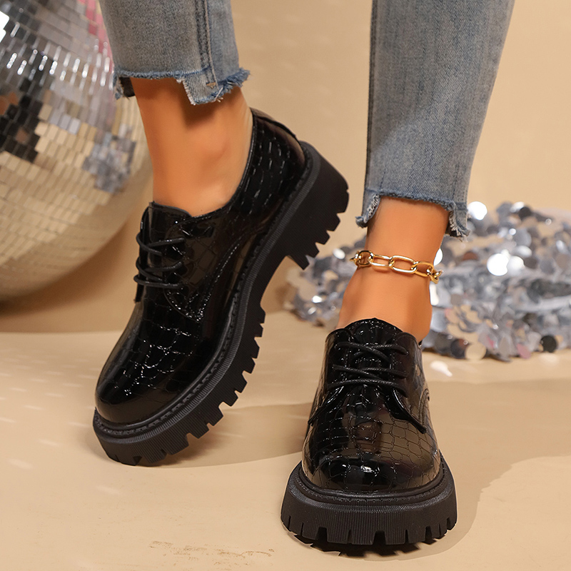 Women's Solid Color Chunky Platform Oxfords Fashion Lace Up Patent Leather Shoes Woman Round Toe Preppy Dressy Shoes Plus Size