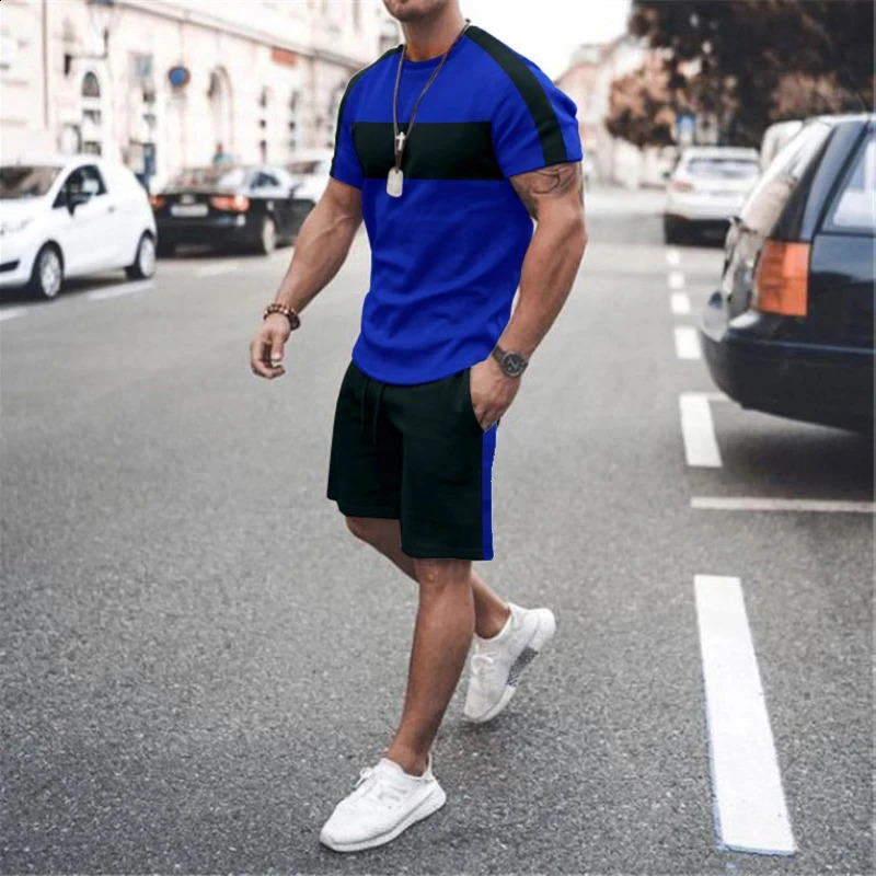 Striped Men Tracksuit Sets Fashion Casual Short Sleeve Tshirts 2 Piece Outfits Streetwear Jogger 3D Printed Sports Suit 240830
