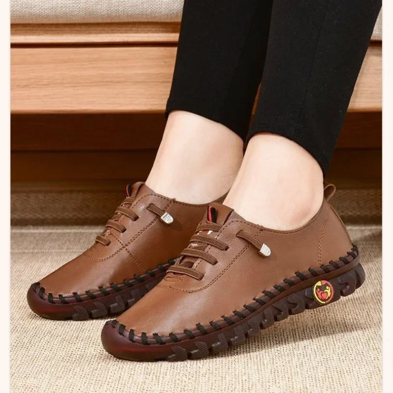 2025 NEW Vintage Women Breathable Shoes Platform Loafers Lace Up Leather Hollow Slip On New Fashion Casual Mom Shoe atos Mujer