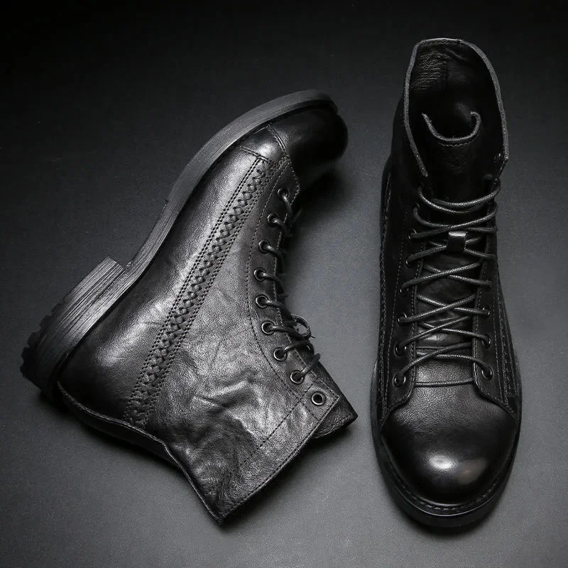 Men Platform Motorcycle Booties Casual High-top Shoes Retro Men Leather Boots Solid Color Lace Up Ankle Boots Autumn Winter 240830