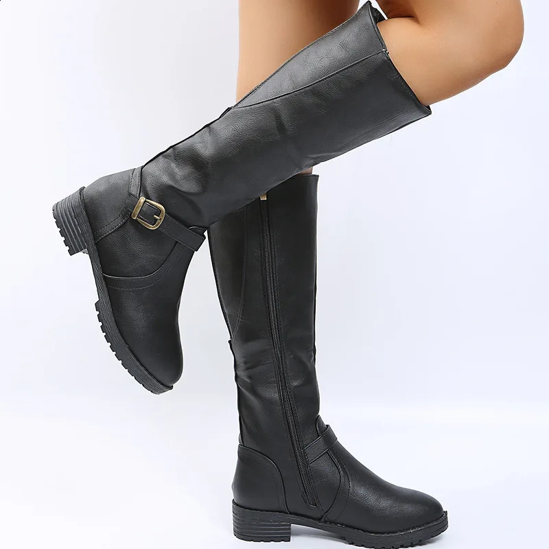 soft leather womens riding fashionable double zipper short and chubby high heels brown round toe casual buckle boots for women 241030