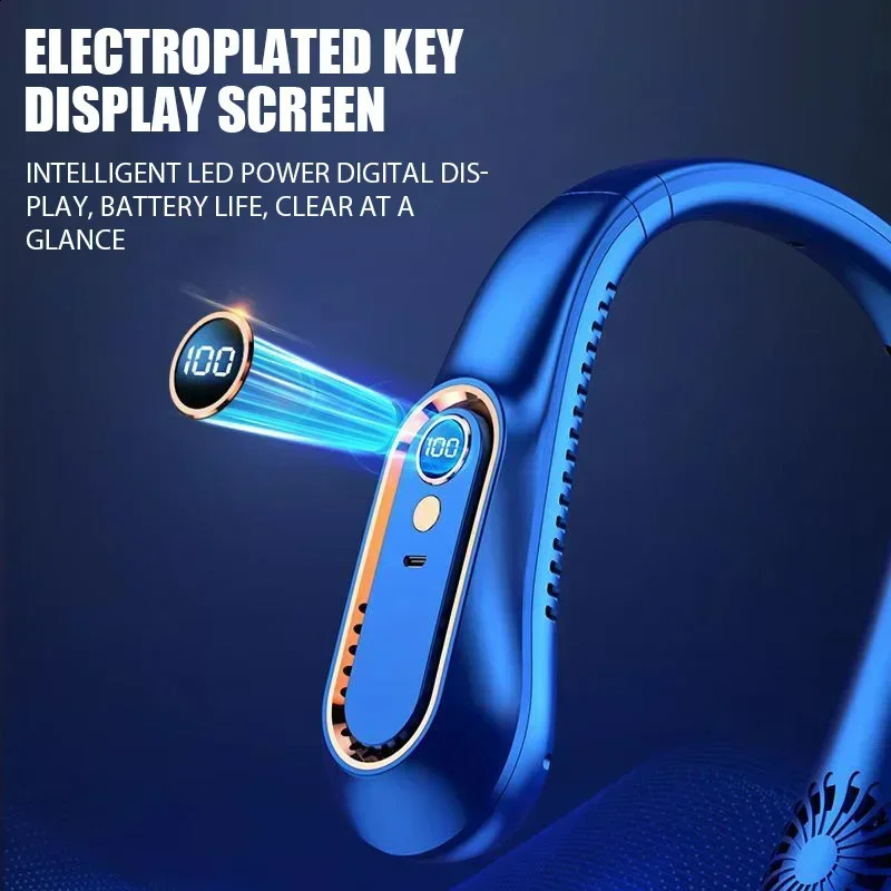 Neck Bladeless Fan Mini Ultra Long Life Portable Lazy Silent Usb Charging Student Sports Office Digital Display Power 5 Gear 240830