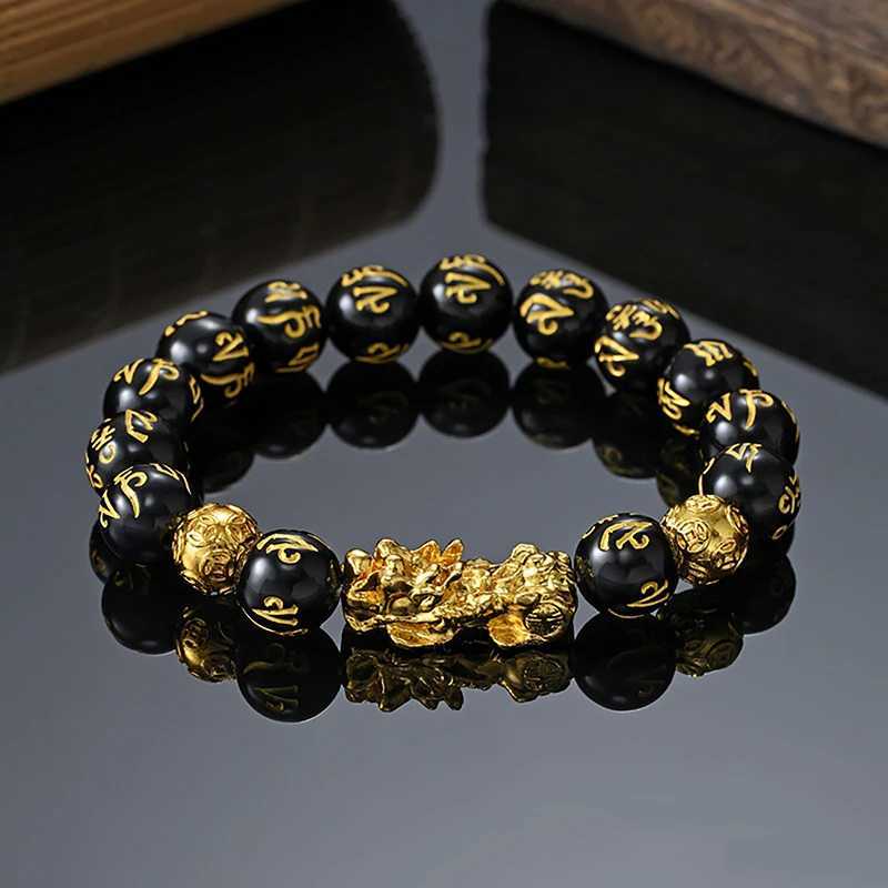 Feng Shui Obi Sidia Stone Bead Bracelet for Men and Women Gold Pixiu Black Six Character Proof of Wealth and Good Luck W241231