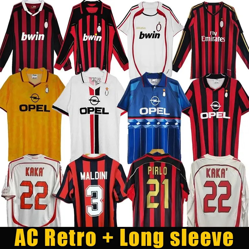 Retro Soccer Jerseys long sleeve Kaka Baggio Maldini VAN BASTEN Pirlo Inzaghi Beckham Gullit Shevchenko Ac Vintage Shirt Classic MiLaNS football Shirt 96 97 06 07