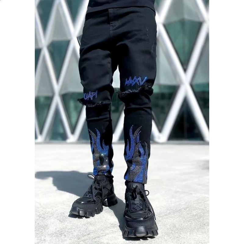 Mens y black stretch tight open top jeans with diamonds highquality ner HIP HOP Trousers street denim pencil pants Y2k 240830