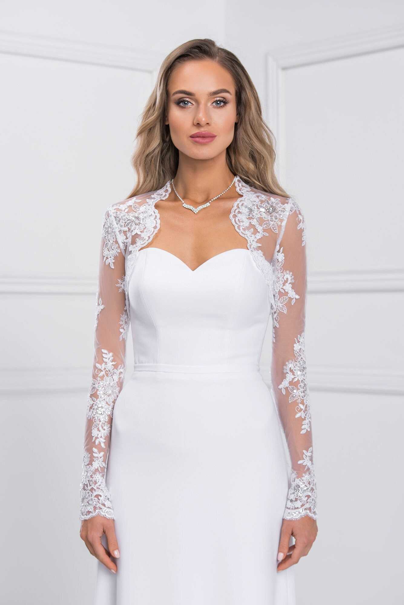 High Quality Long Sleeve Wedding Bolero Jacket Lace Ivory Custom Made Sheer Wraps Bridal Accessories