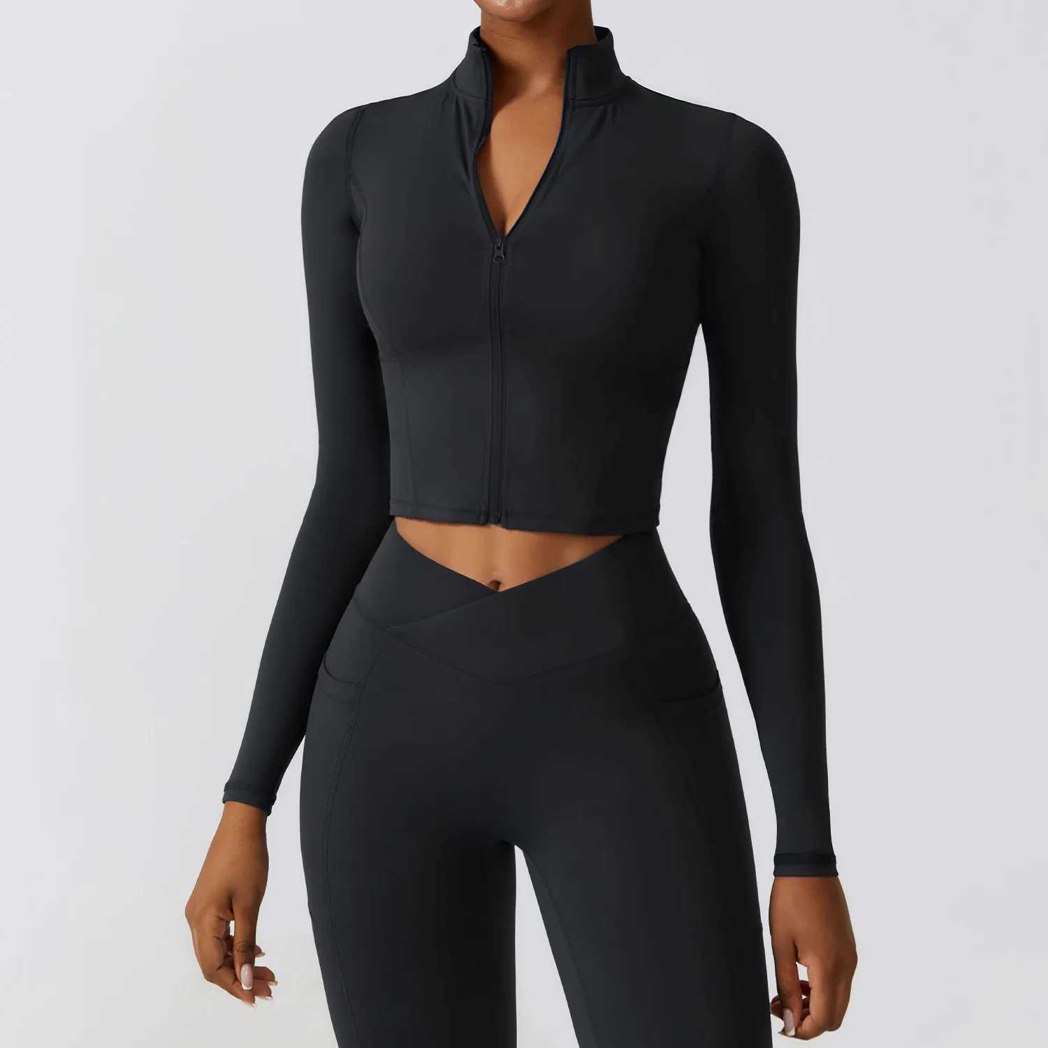 Zipper sports top womens gym long sleeved fitness jacket running womens clothing running exercise tight fitness top yoga shirt W250326