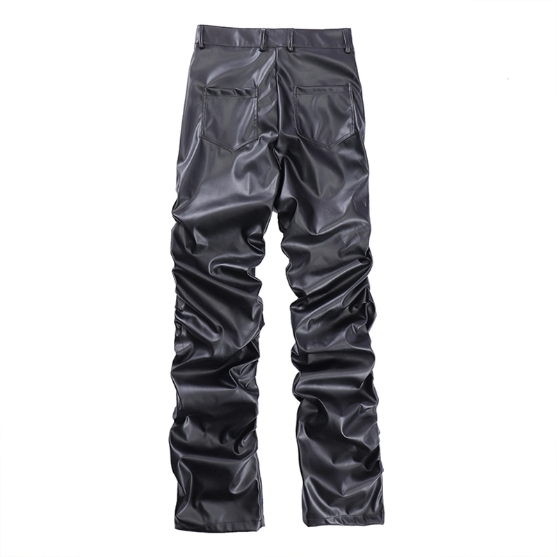 Hip Hop Mens Pleated Pu Leather Pants Harajuku Retro Streetwear Loose Ruched Casual Trousers Straight Solid Color Black Pants 240830