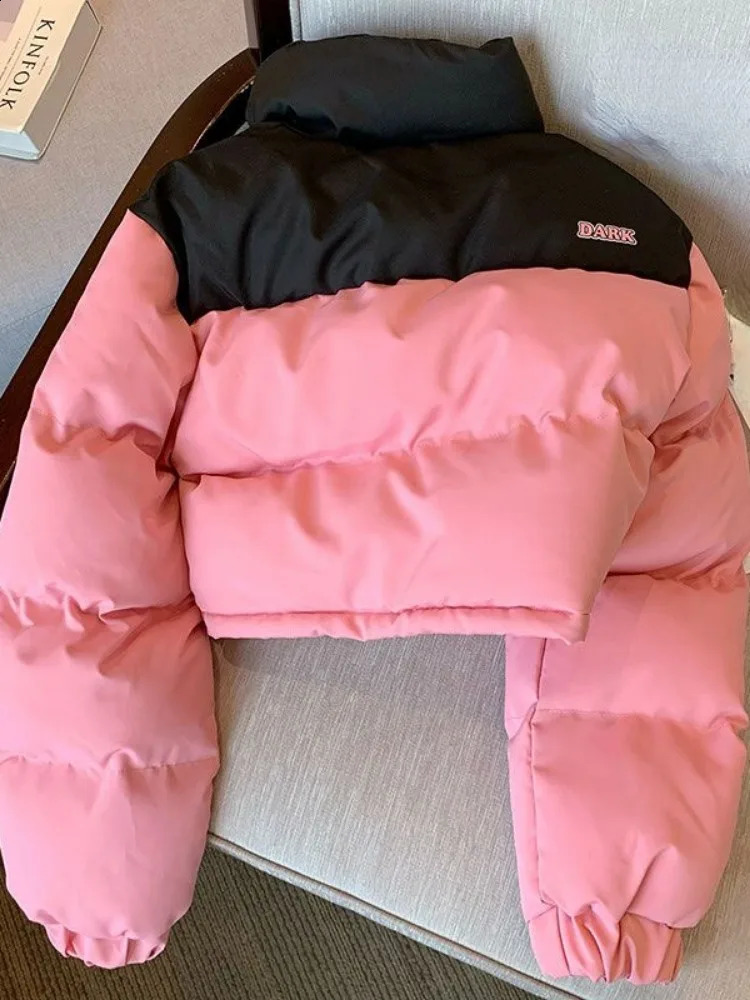 Fashion Casual Stand Neck Thicken Warm Women Parkas Winter Patchwork Vintage Jackets Y2K Letter Zippers Loose Short Coats 240830