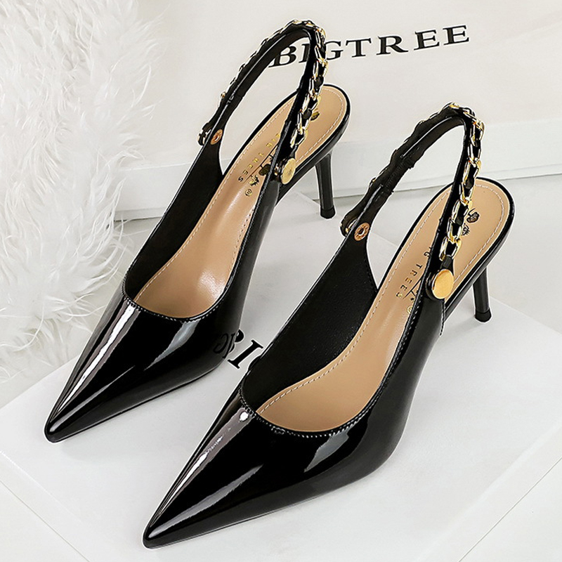 BIGTREE Shoes Metal Chain Women Pumps Patent Leather New Women 7 Cm 9.5 Cm Heels Women Summer Stilettos Sandals High Heels