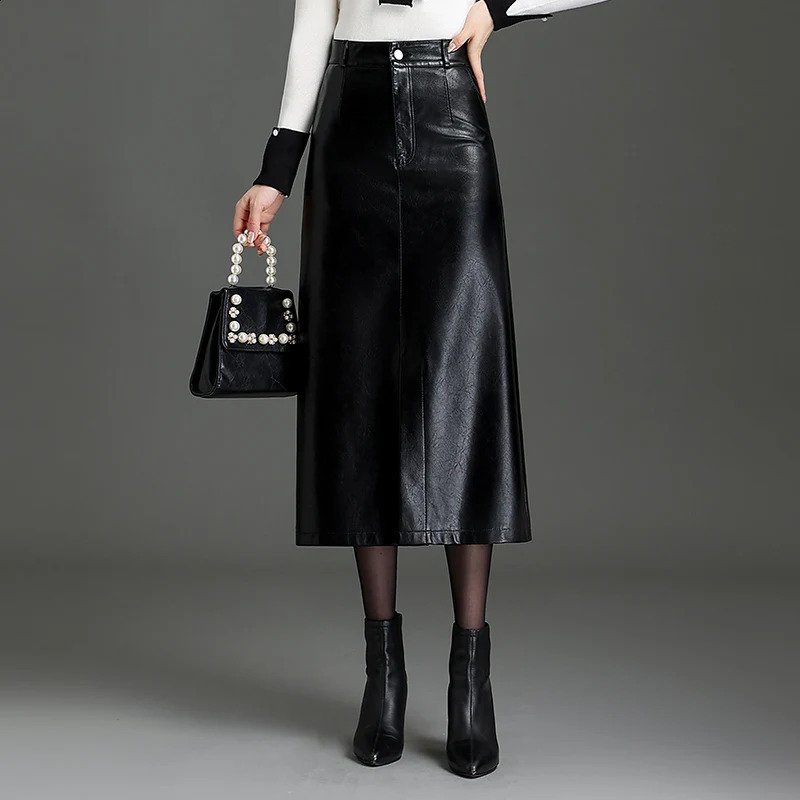 ZUZK Women PU Leather Bodycon Skirts Autumn Winter Front Slit High Waist Long Straight Fashion Skirt Pocket Warm Pu Skirt 240830