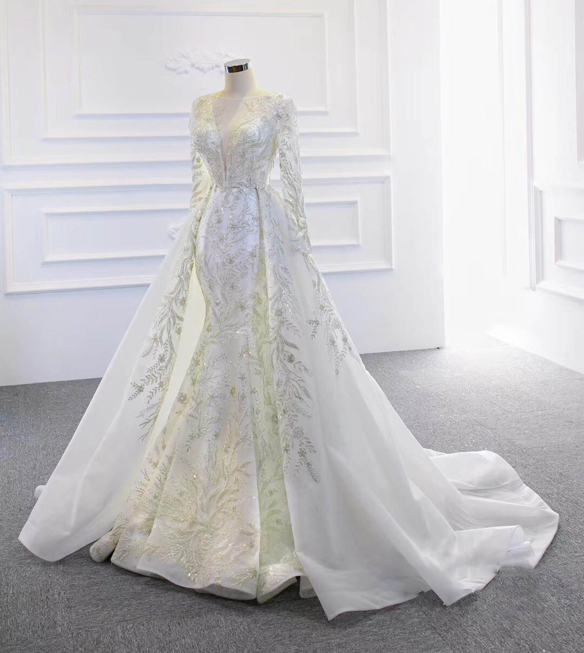 Mermaid Wedding Elegant Dresses Appliques Beads V Neck Long Sleeves Detachable Train Tulle Lace Up Bridal Gown Custom Made Plus Size Vestidos De Novia