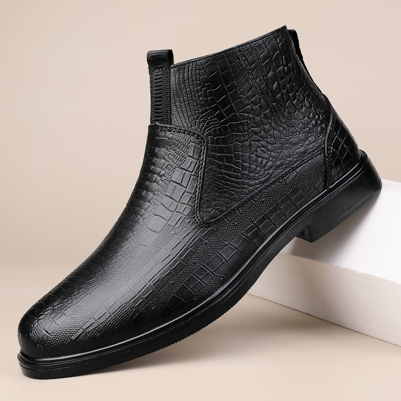 Fashionable Business Combat Boots for Men Autumn /Winter New Classic Black Zipper Side Crocodile Pattern Comfortable Short Boots
