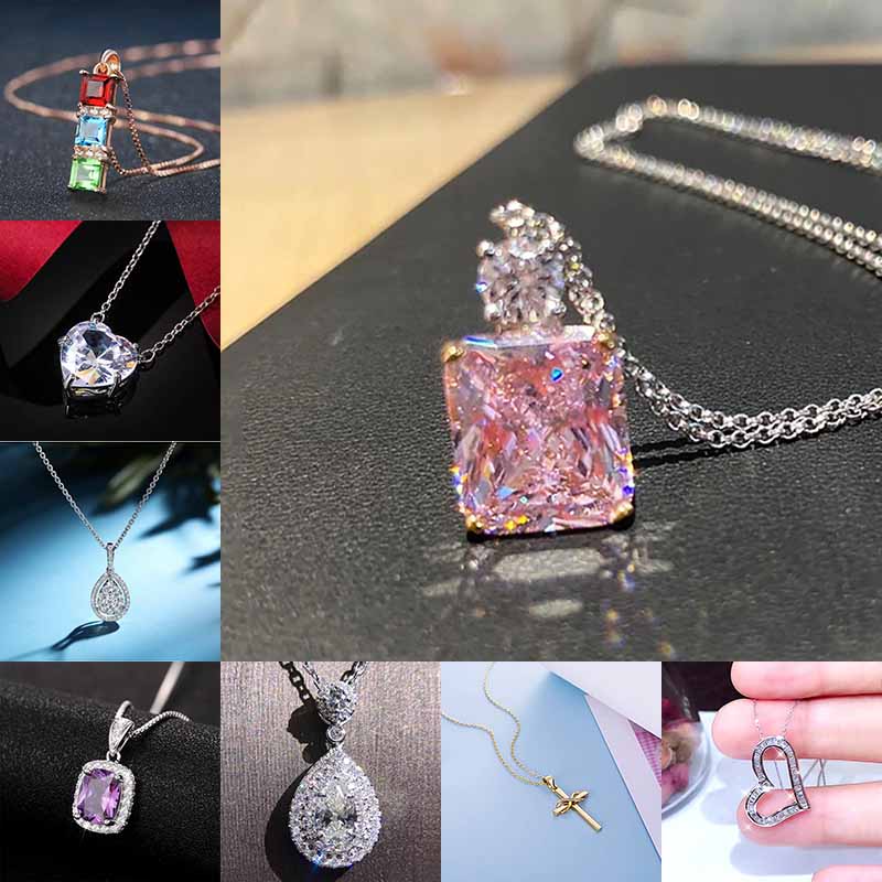 Sterg Sier Chain Pendant Necklace Women, Pink Square Dia Designer Jewelry with Cubic Zirconia Crystals Heart Cross Drop Charm, Gift for Her 4