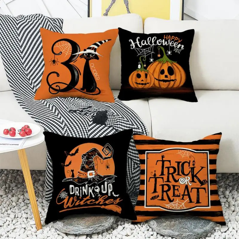 45Cm Halloween Pillowcase Home Decorative Sofa Cushion Covers Pumpkin Cat Witch Hat Printed Throw Pillow Cover 240830