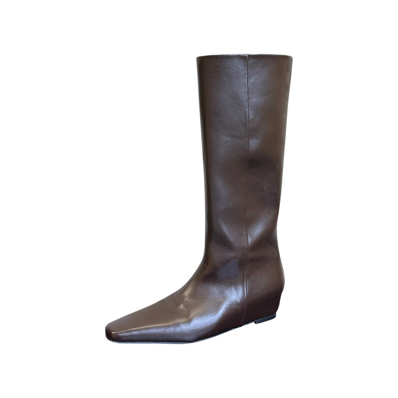 Women's high-end coffee brown square toe straight leg boots show off straight legs and increase height inside long boots