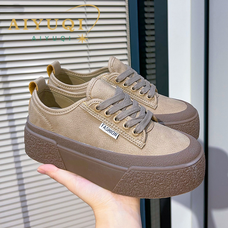 Women's AIYUQI Genuine Leather Casual Lace-up Sneakers Platform Board Shoes New Women girl platform shoes fad0