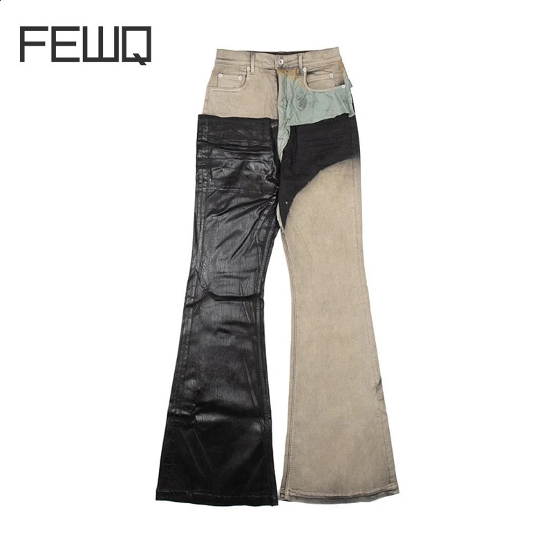 FEWQ Men Pants Washed Spliced Brushed High Street Niche Stacked Jeans Versatile 2023 Contrast Color Fashion Autumn 240826Z