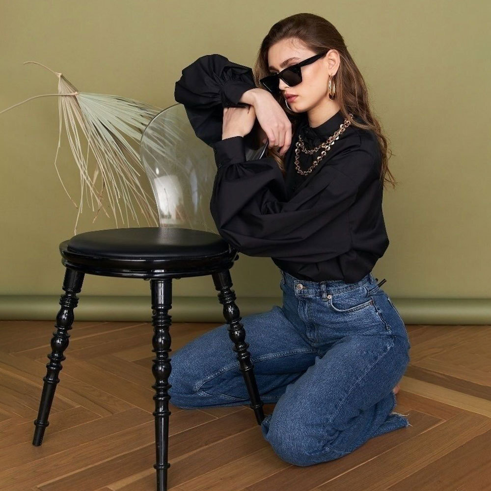 Lantern Sleeve Solid Color Shirt Spring/summer Temperament Versatile Commuting Loose Round Neck Shirt for Ladies