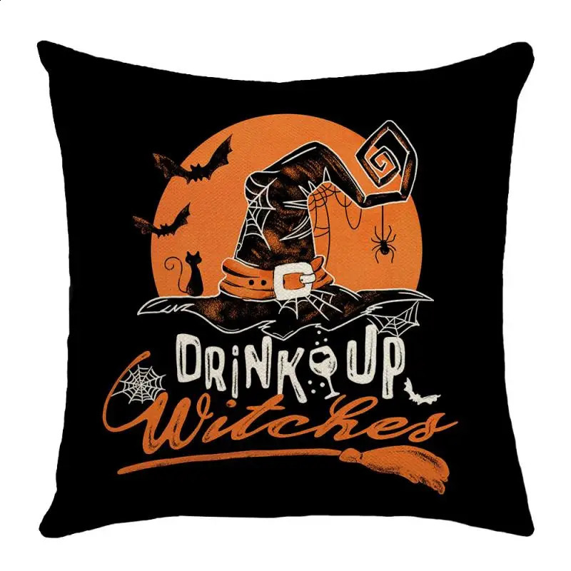 45Cm Halloween Pillowcase Home Decorative Sofa Cushion Covers Pumpkin Cat Witch Hat Printed Throw Pillow Cover 240830