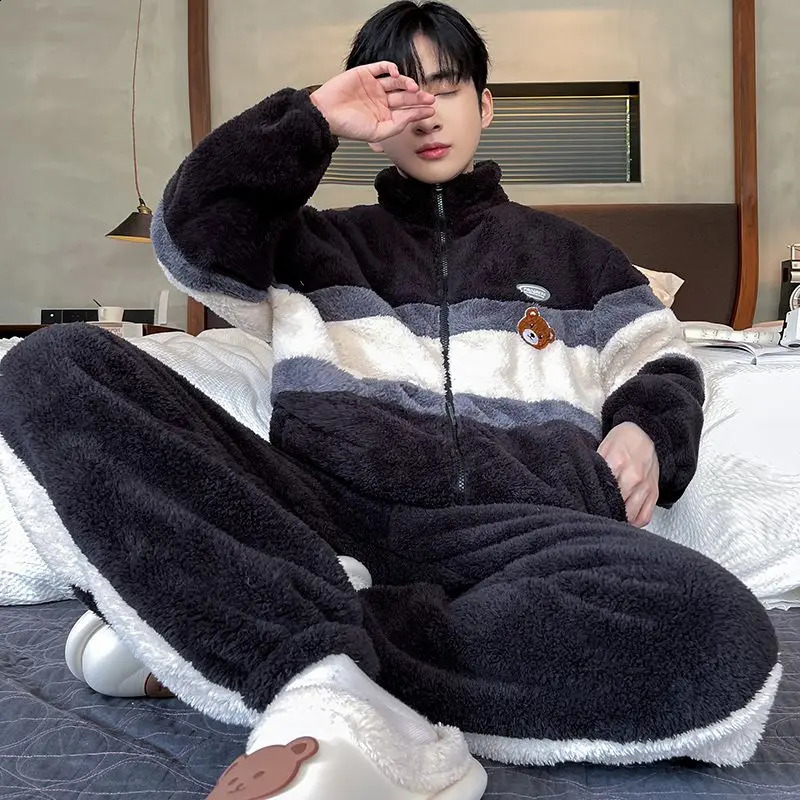 Mens Pajama Set Winter Thick Flannel Mens Home Clothes Coral Velvet Stand Collar Large Size Casual Pajama 240830