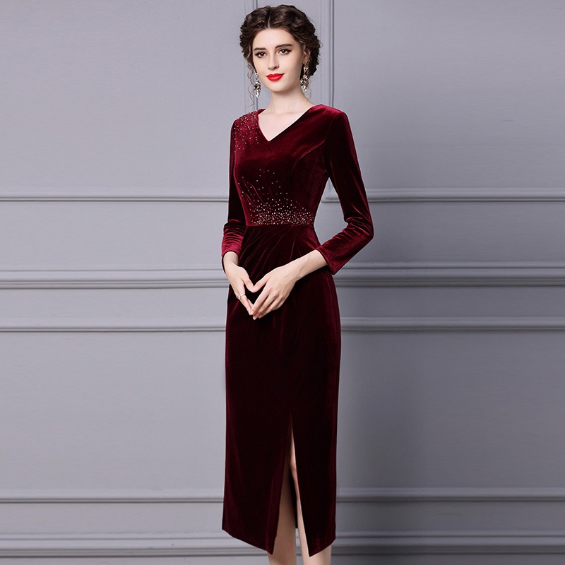 OC-Jackie 409M95 Basic Casual Dresses Autumn and Winter Women's Dress Handmade Nail Beads Long Hip Hugging Skirt Sleeved Evening Gown