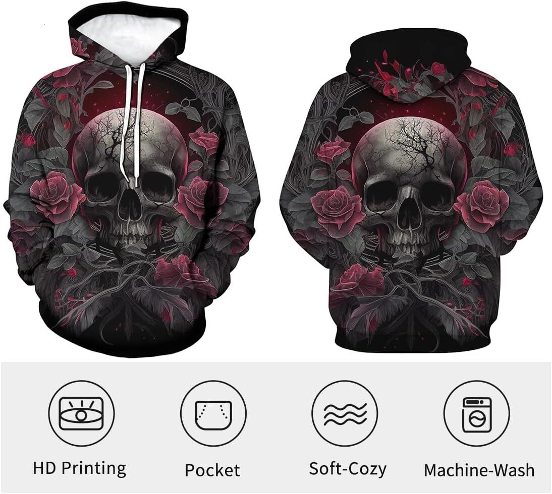 Halloween Hoodie for Mens Womens Rose Skull Printed Hoodie For Men Novelty Graphic Hoodies Fashion Pullover With Pocket Graphic Pullover Long Sleeve