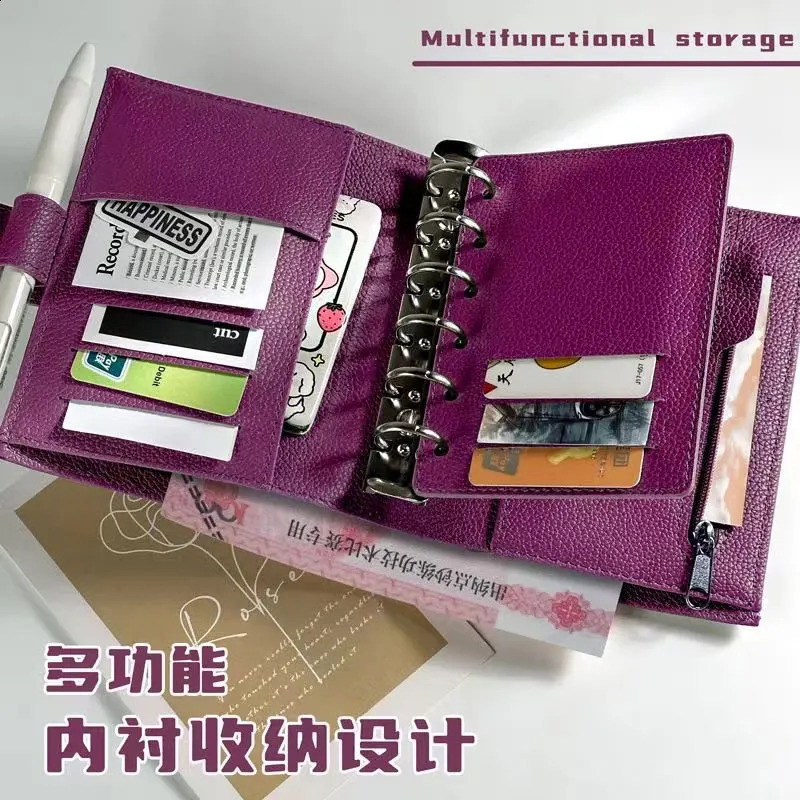 agenda planner A7 Pu Leather Binder 6 Ring Binder PU Clip-on Notebook Faux leather Loose Leaf Notebook Journal Kawaii 240830
