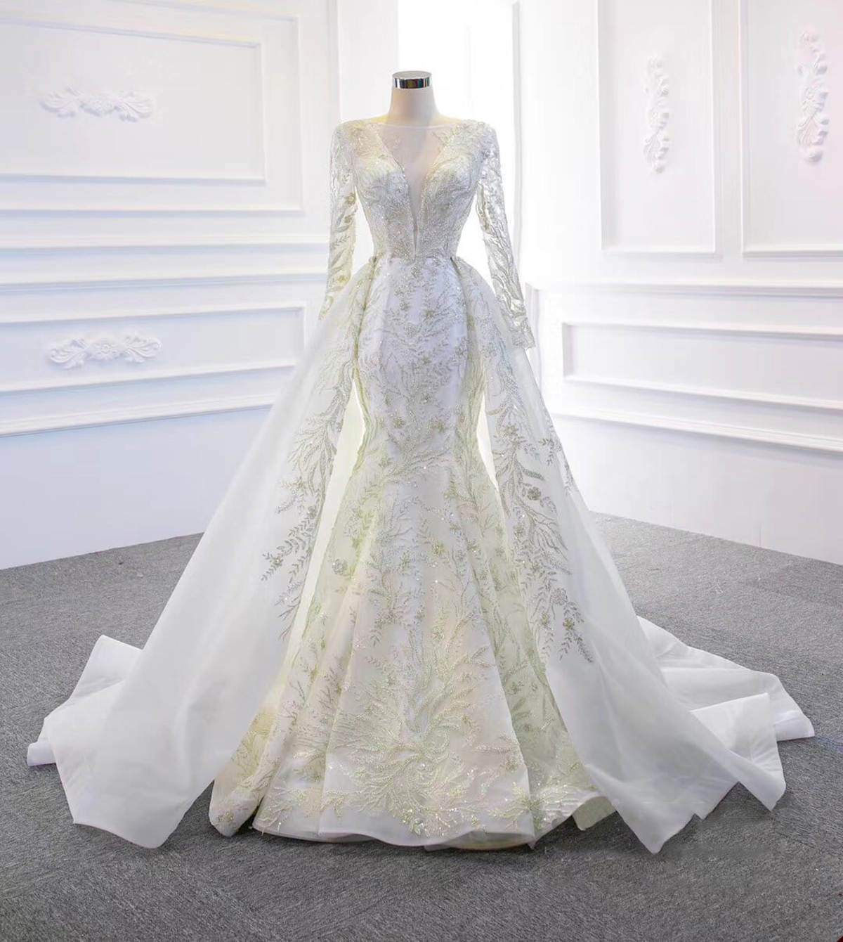 Mermaid Wedding Elegant Dresses Appliques Beads V Neck Long Sleeves Detachable Train Tulle Lace Up Bridal Gown Custom Made Plus Size Vestidos De Novia