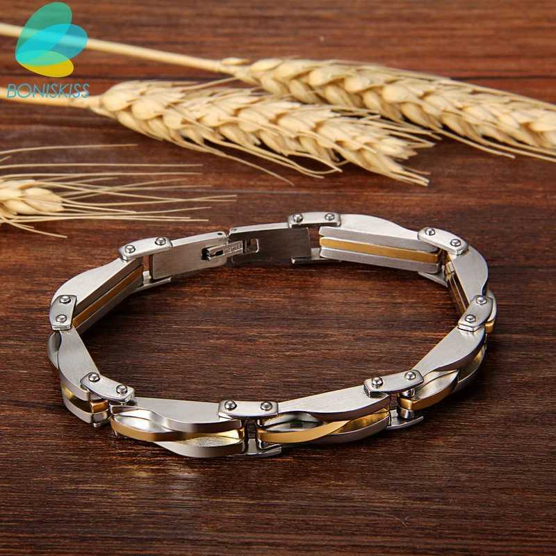 BONISKISS Mens Stainless Steel Double tone Diamond Cool Chain Bracelet Cuff Gold/Silver Colored Wristband Jewelry Christmas Gift W240830