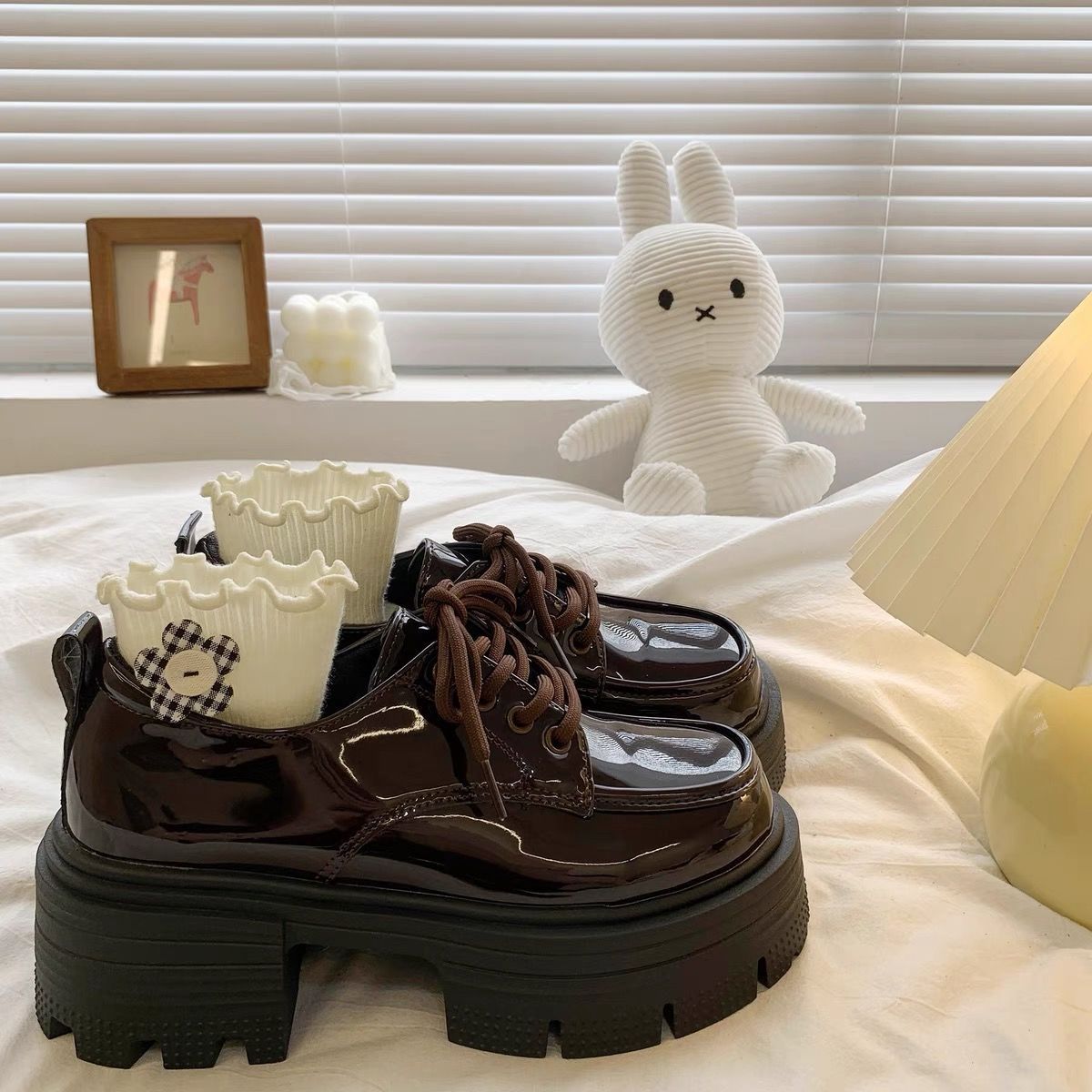 Women's black lace up thick soled single shoe fashionable Mary Jane small leather shoes 241115