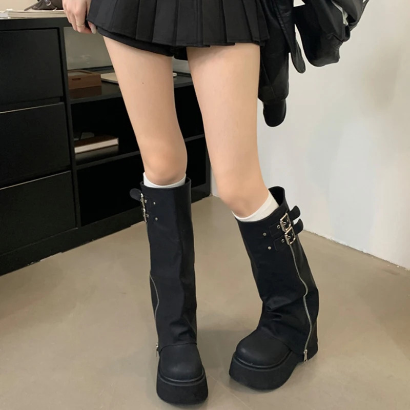 Autumn Winter Chunky Women Knight High Boots Fashion Platform Flats Trouser Long Booties Female Western Cowboy Shoes