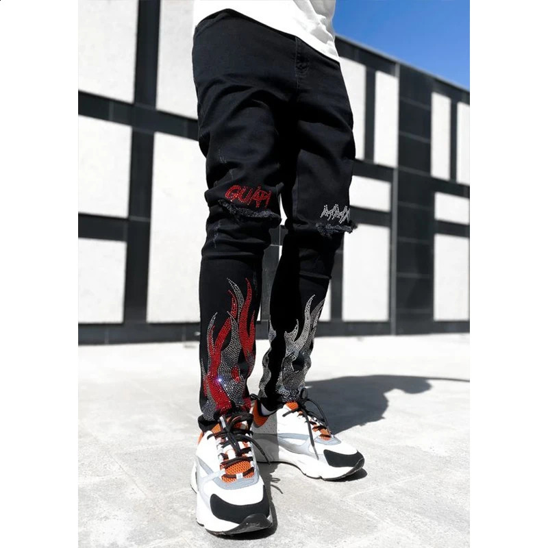 Mens y black stretch tight open top jeans with diamonds highquality ner HIP HOP Trousers street denim pencil pants Y2k 240830