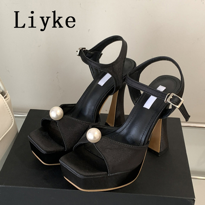 Liyke Sexy Thick Bottom Square Toe Buckle Strap Platform Sandals White Pearl Design High Heels Elegant Women Dinner Party Shoes