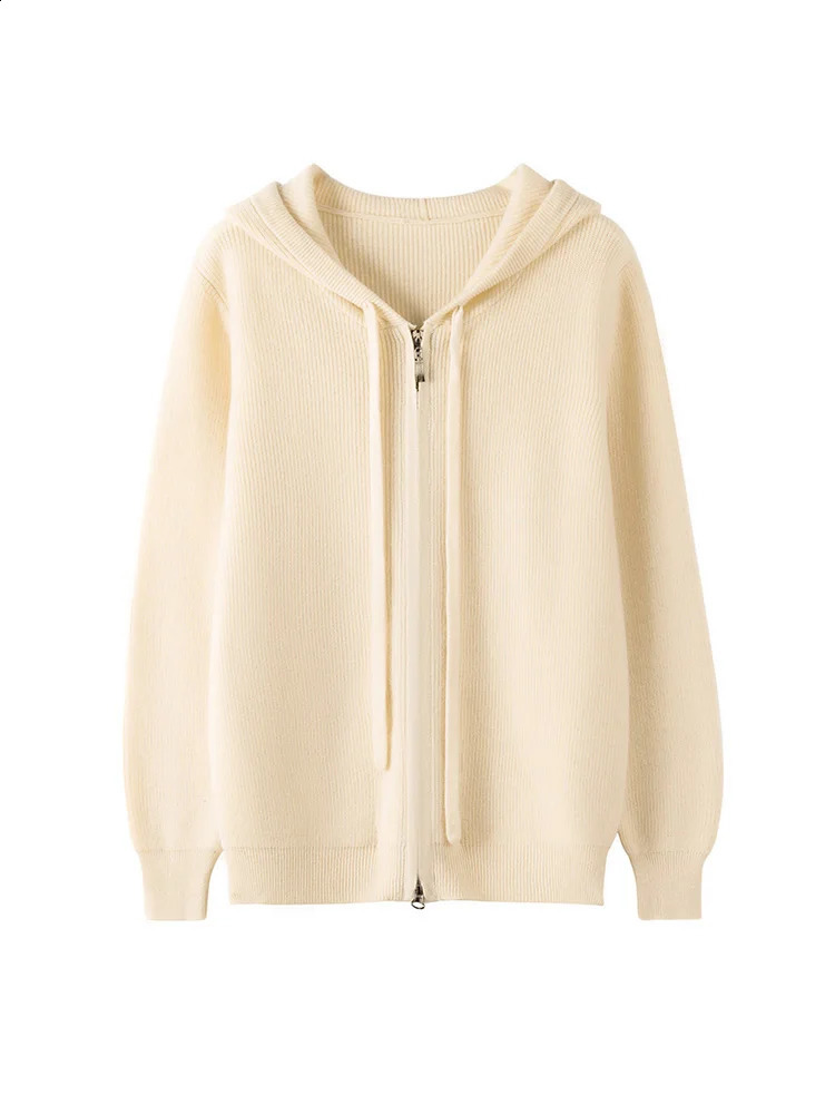 Autumn Winter Knitwear 100% Merino Wool Women Sweater Hooded Solid Color Cashmere Cardigan Long Sleeve Casual Clothing Tops 240830