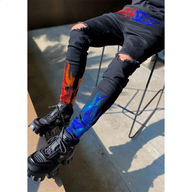 Mens y black stretch tight open top jeans with diamonds highquality ner HIP HOP Trousers street denim pencil pants Y2k 240830