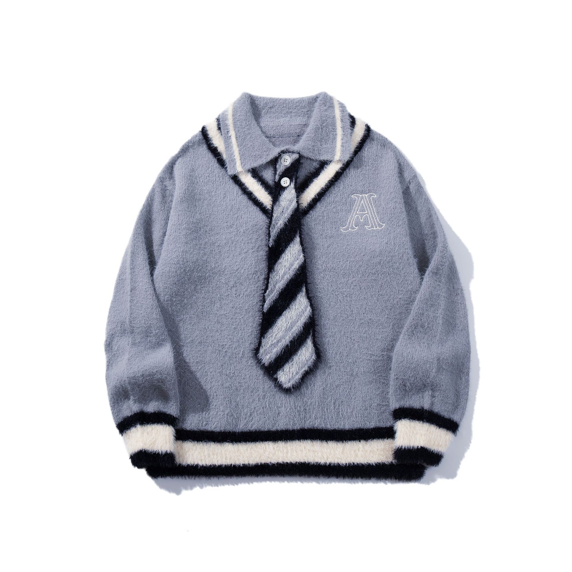 Cityboy Tie Decoration Collar Sweater Mens and Womens Ins College Style Loose Knitted Sweater