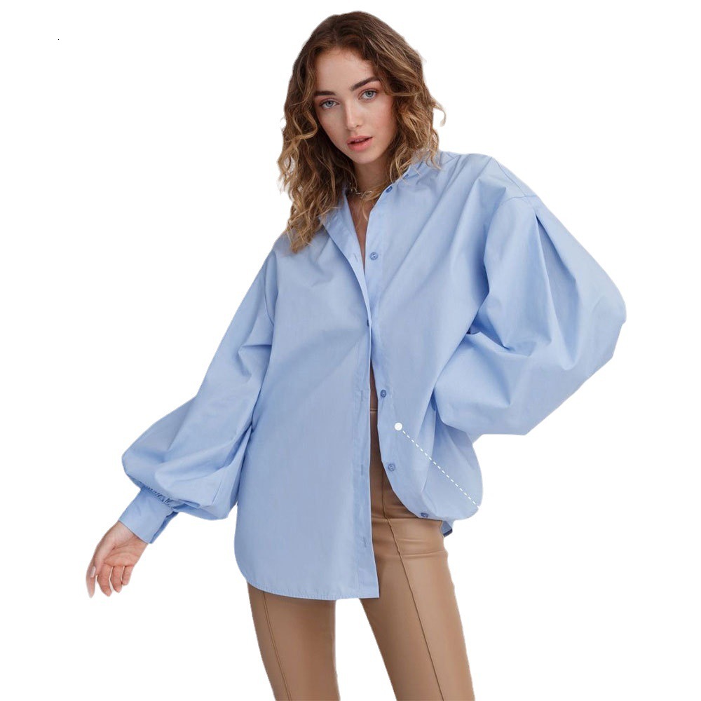 Lantern Sleeve Solid Color Shirt Spring/summer Temperament Versatile Commuting Loose Round Neck Shirt for Ladies
