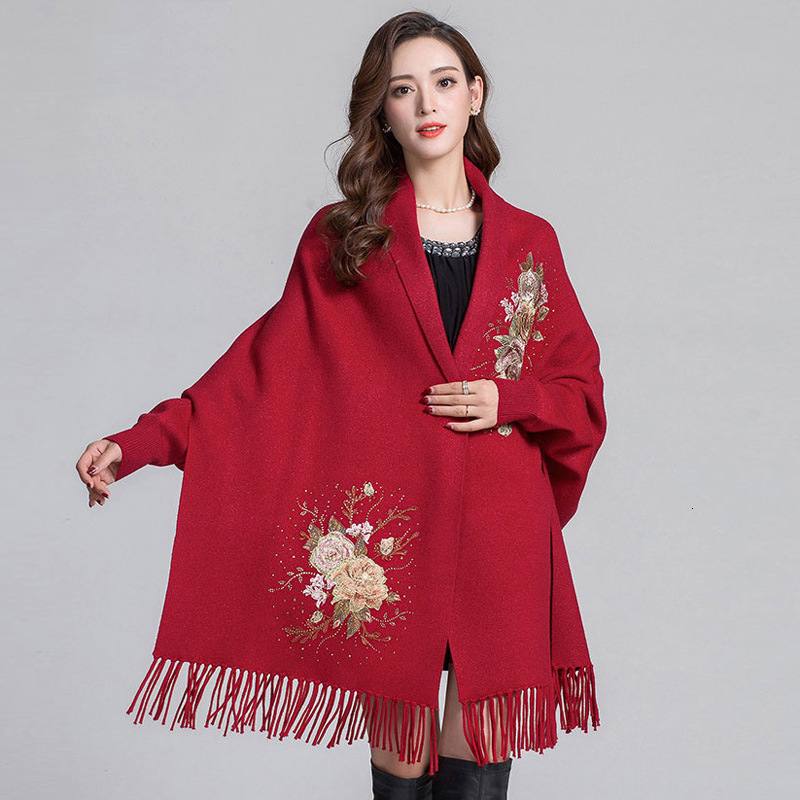 Sleeved Shawl for Women in Autumn and Winter Thick Scarf Embroidered with Hot Diamonds Cheongsam Shawl for Weddings Outer Cloak 0233#
