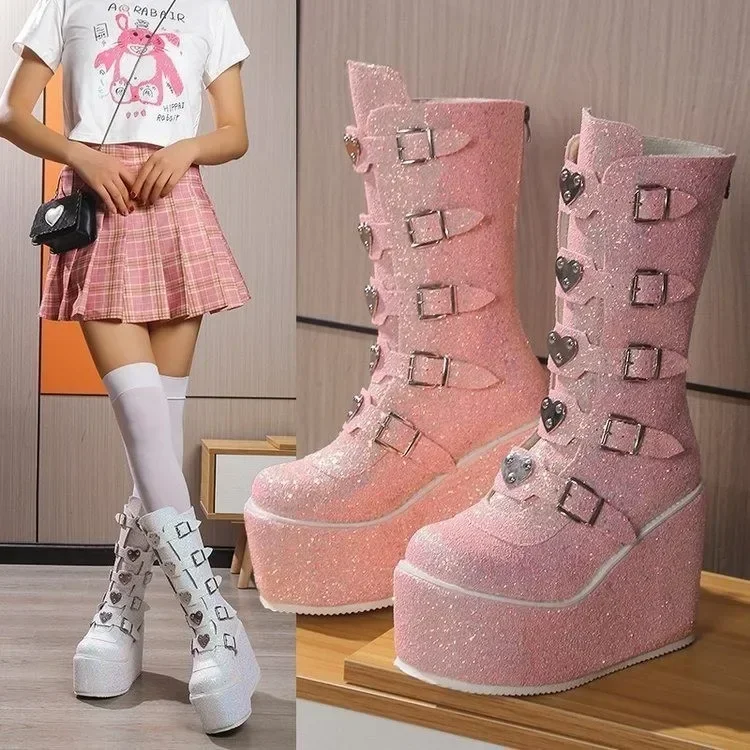 Sequin Punk Boots Ladies Cosplay Comfort Long Tube Pink Platform High Wedges Gothic atos De Mujer Socofy Chaussures Femmes f378
