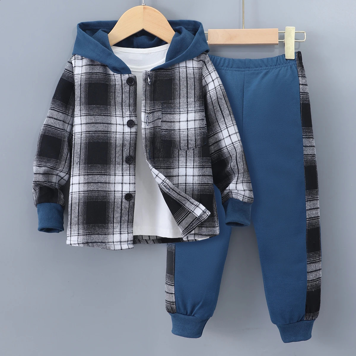 2024 Spring Winter Kids Boy 2-Piece Cotton Casual Simple Long Sleeve Hooded Coat Checkered Childrens Suit 3 4 5 6 7 Years Old 250117