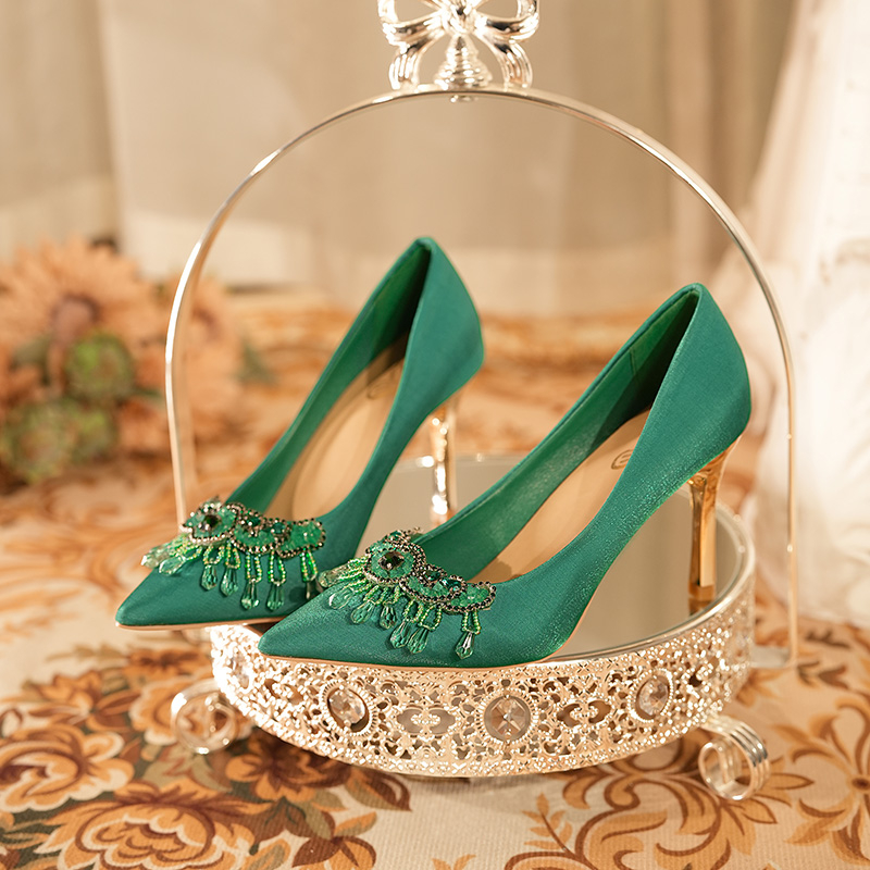 Silk New Green High Pumps Women Rhie Pointed Toe Dress Woman Stiletto Heels Shallow Banquet Shoes Female c94a