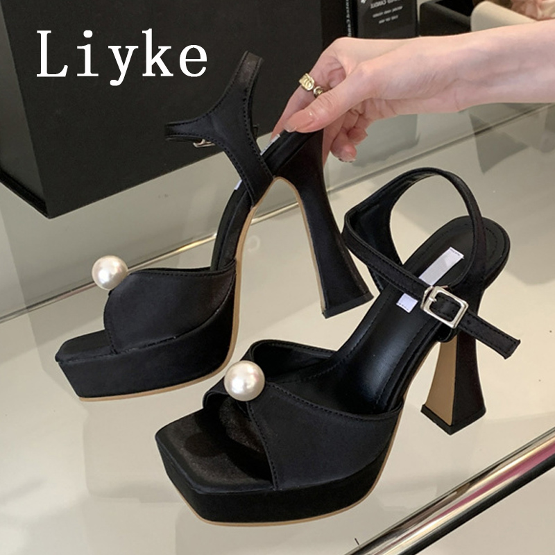 Liyke Sexy Thick Bottom Square Toe Buckle Strap Platform Sandals White Pearl Design High Heels Elegant Women Dinner Party Shoes