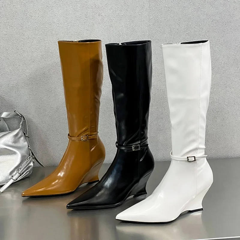 New Design Pointed Toe Zipper Women Knee-High Boots Retro Style Wedges High Heels Shoes Winter Long Booties EU35-40