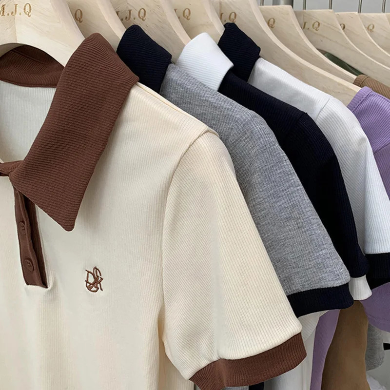 Women Versatile Slim Fit Polo Neck Clothes Lady Leisure Fashion Sports Style Tops Female Sexy Korean Short Sleeve Tshirts 240830